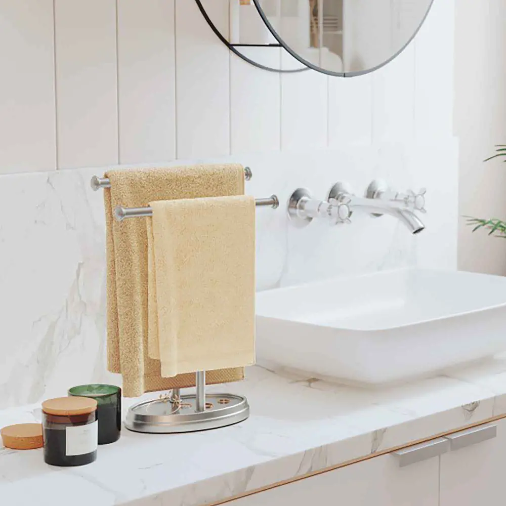 Palm Freestanding Duplicate Hand Towel Holder, Nickel | Rustproof & Easy Clean