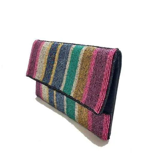 BEADED MULTI COLOR STRIPE CLUTCH