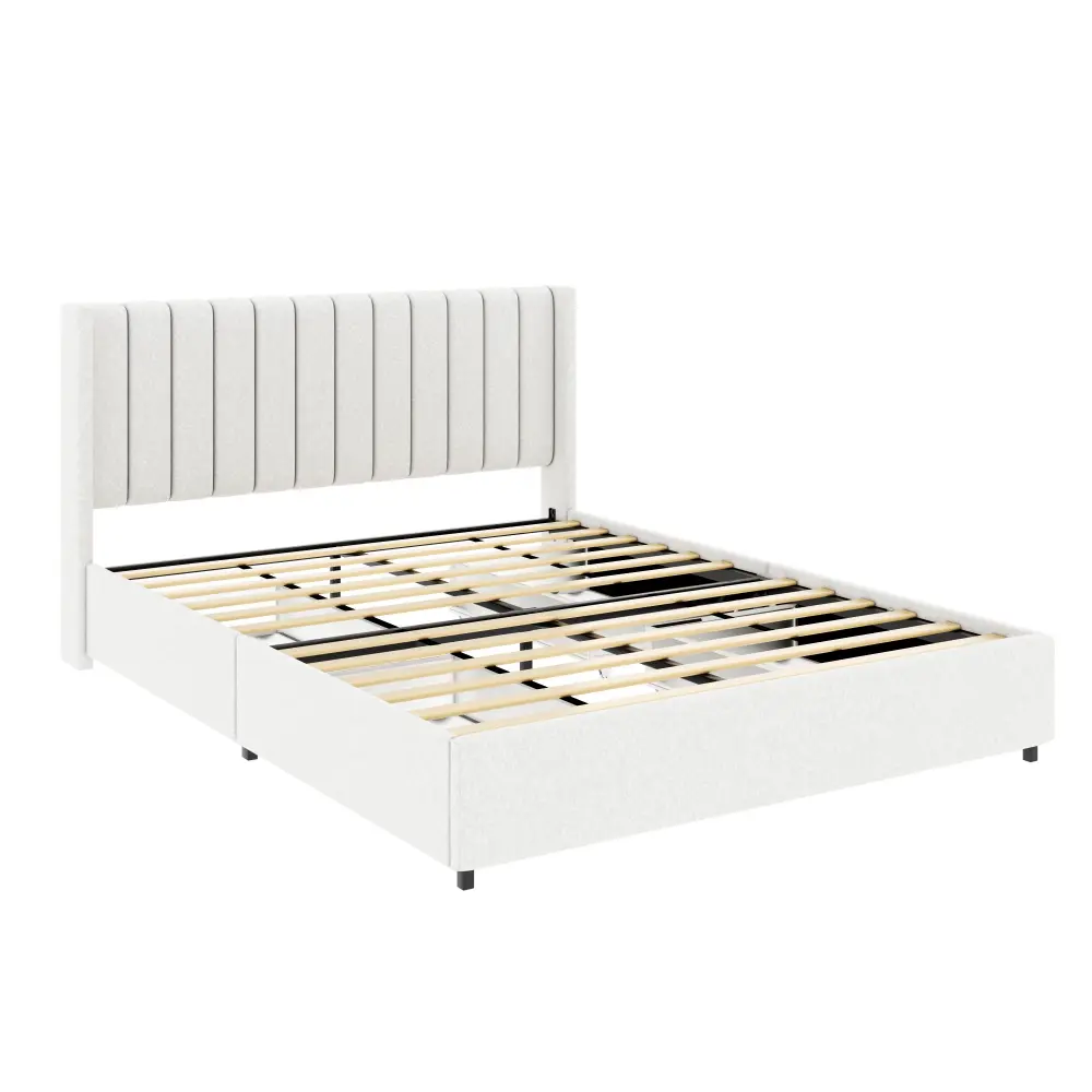 Anda - Boucle Upholstered Platform Bed Patented Drawers Storage - Ivory