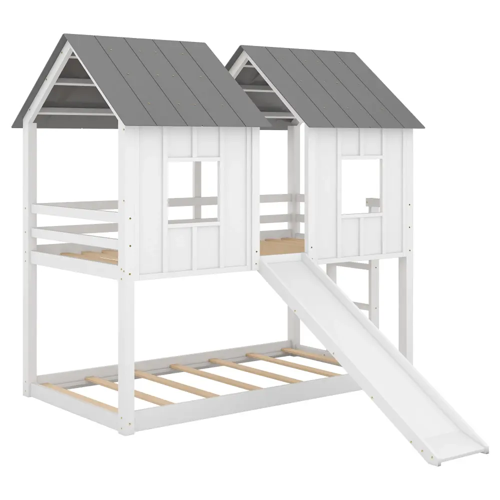 Twin Over Twin House Bunk Bed Slide And Windows - Snow / Gray