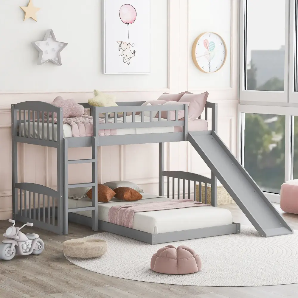 Twin Over Twin Retro Bunk Bed Slide And Ladder - Gray