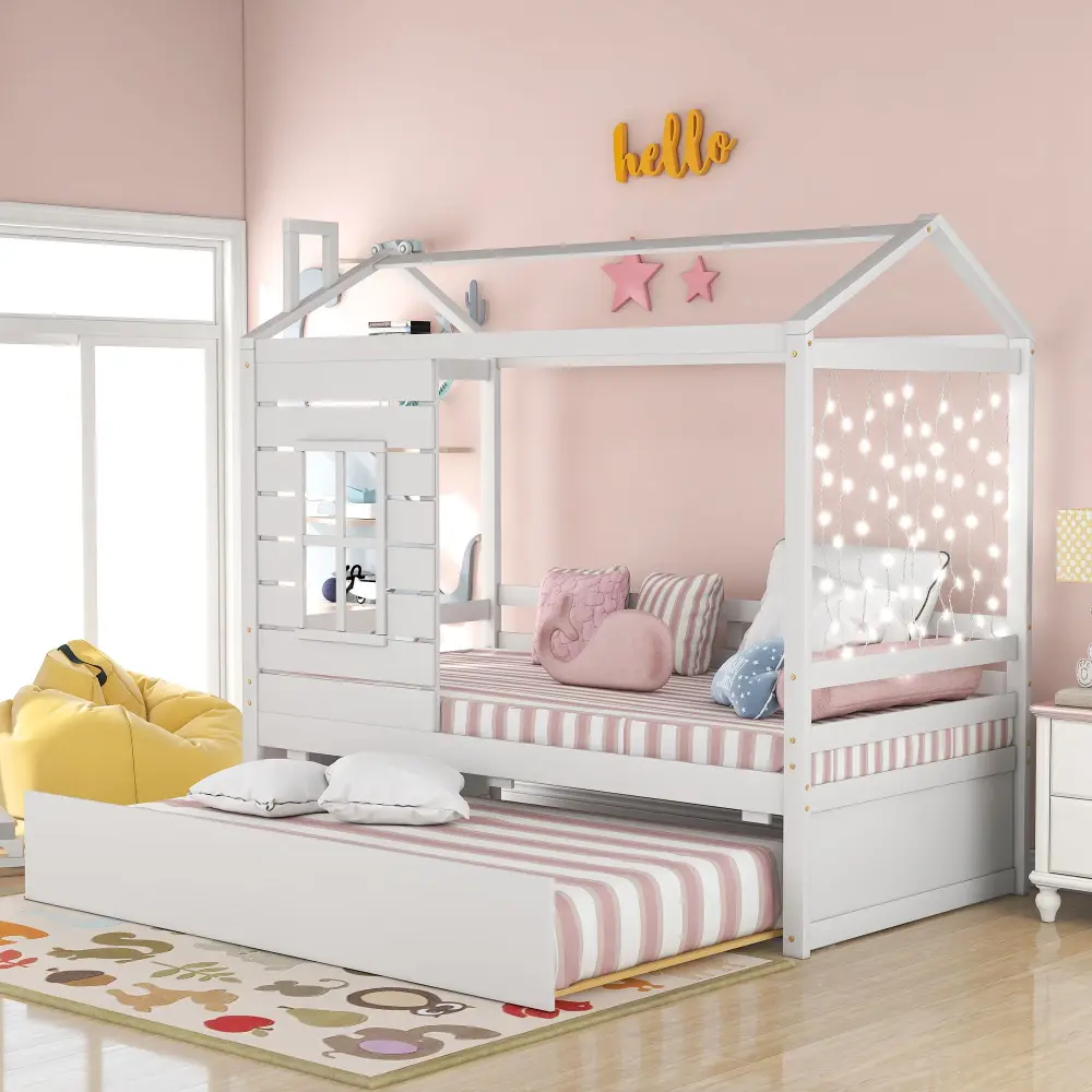 Twin Size Retro House Bed Twin Size Trundle - White