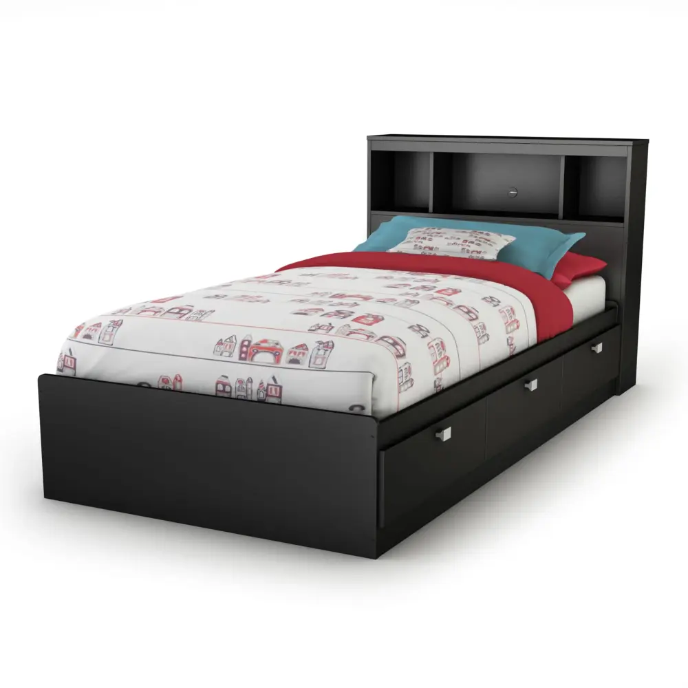 Storage Bed and Bookcase Headboard Set - Spark Pure Jet-black