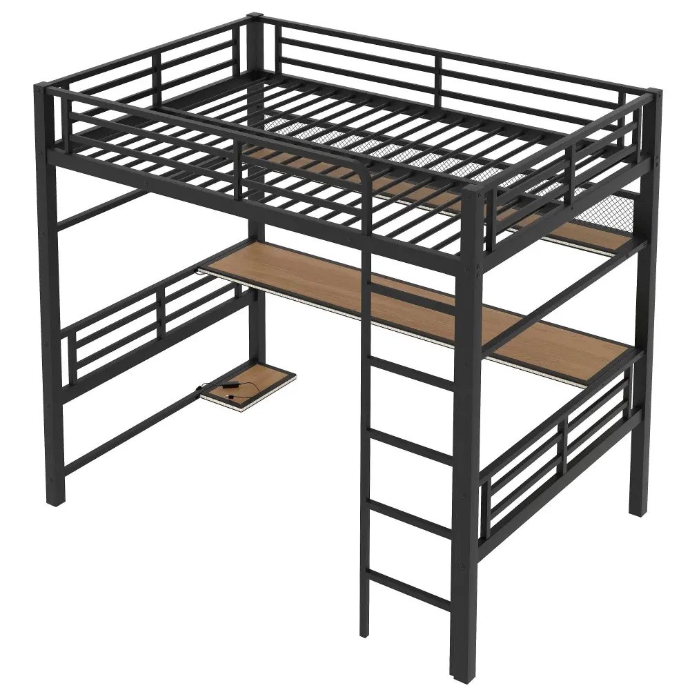 Full Size Loft Bed Frame Storage Shelf And LED Airy - Black