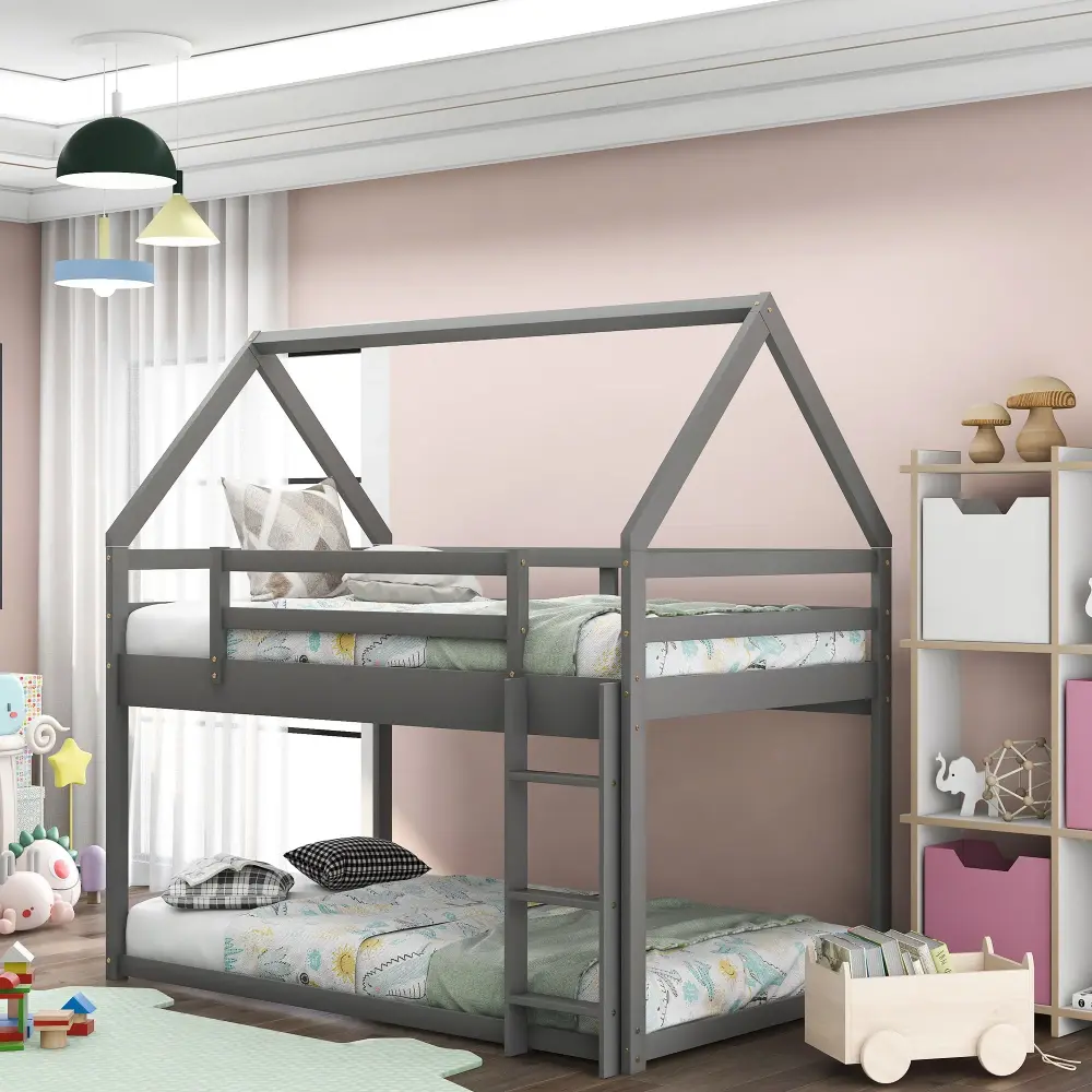 Low Bunk Bed House Shaped Frame And Ladder Sturdy Pine Wood