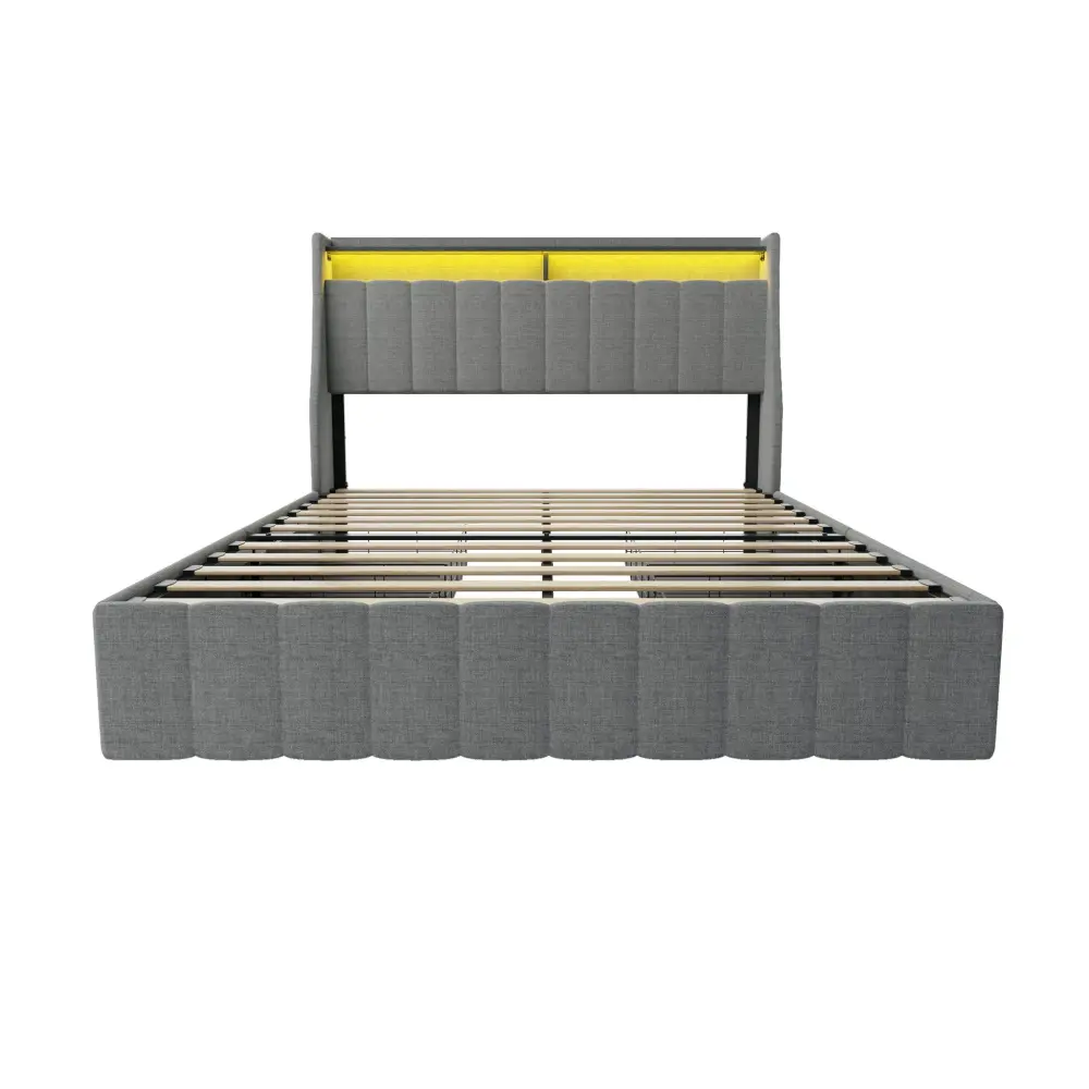 Queen Size Bed Frame LED Lighting, Winged Headboard Storage Drawers - Light Slate