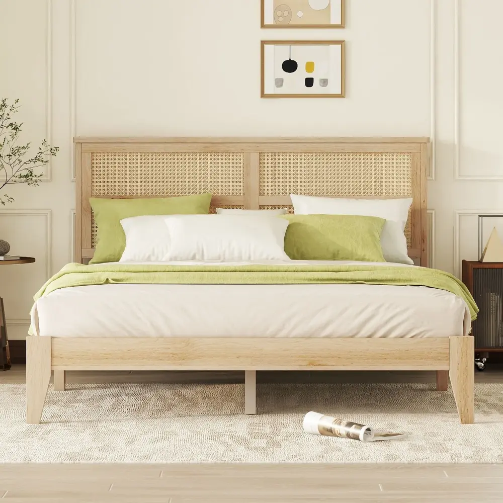Queen Size Rubber Wooden, Solid Wooden Bed Rattan Headboard, Improved Support Feet - Natural