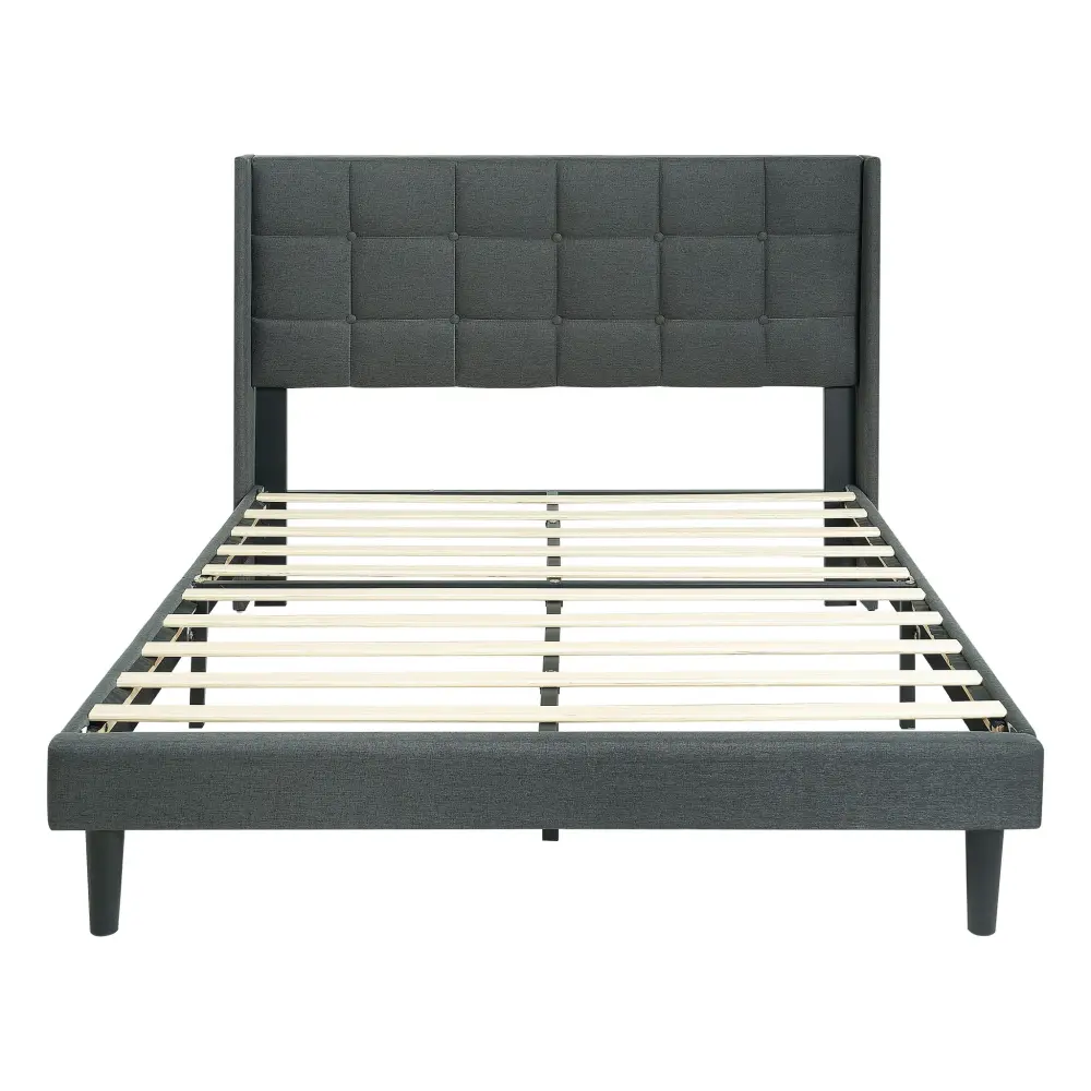 Queen Size Upholstered Platform Bed Frame Button Tufted Linen Fabric Headboard - Dark Ash