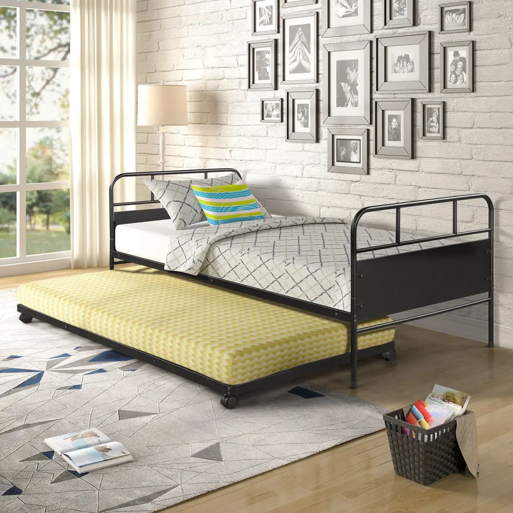Twin Size Daybed Platform Bed Frame Trundle Crafted Casters - Black