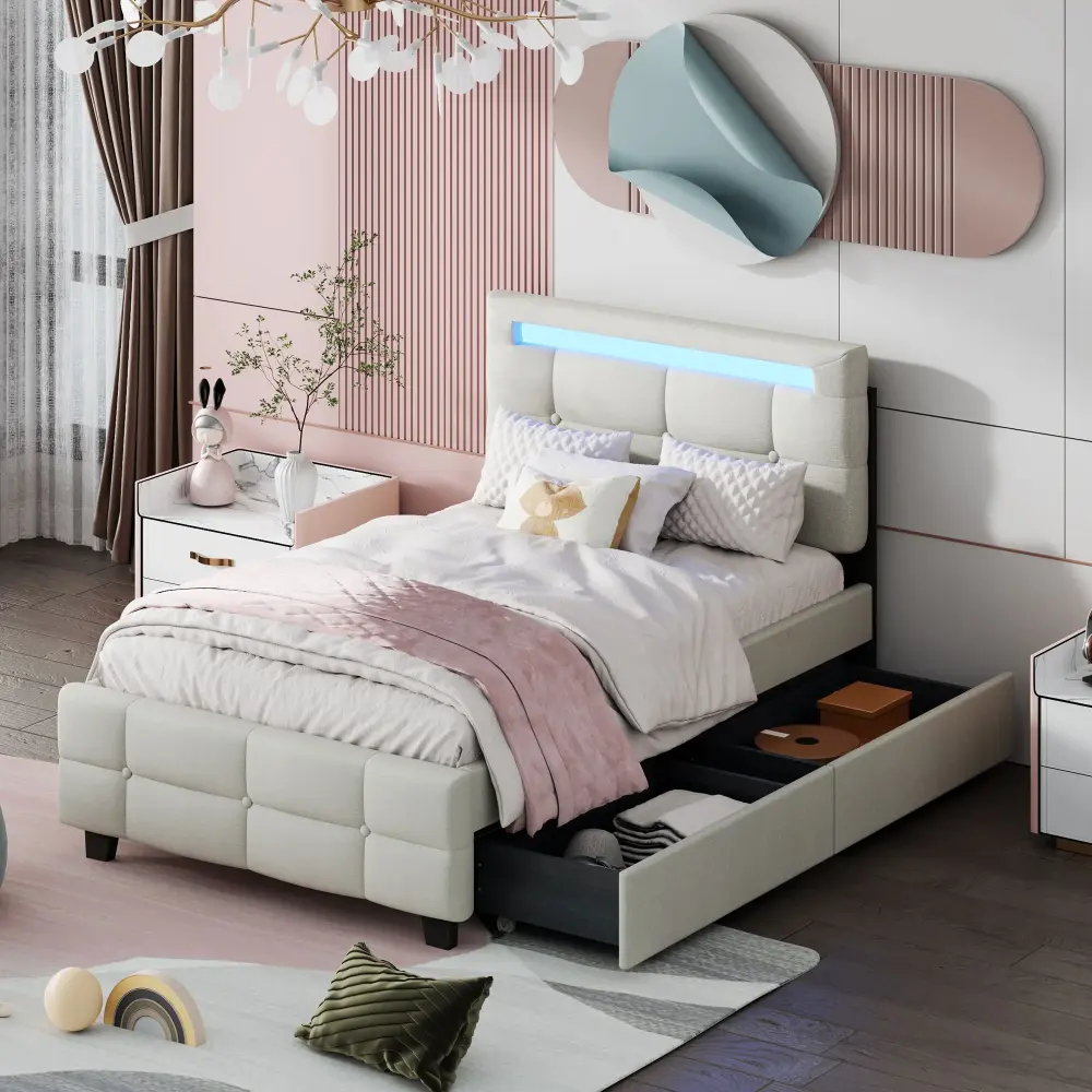 Upholstered Platform Bed LED Frame, Trundle And 2 Drawers