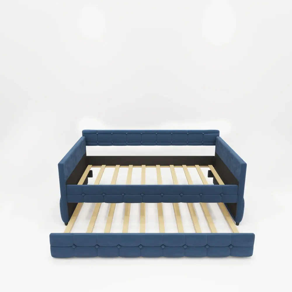 Upholstered Twin Size Daybed Bed Frame (Corner Bed) Trundle, Fabric, Studding Design, No Box Spring Needed