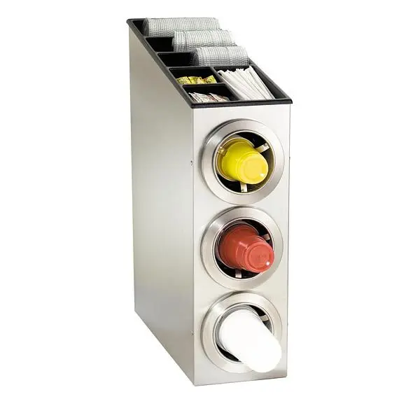 Dispense Rite Countertop Cup Dispensing Cabinet (3) ADJ-2F and built- lid and straw preparer - Water-Based Stainless Metal...