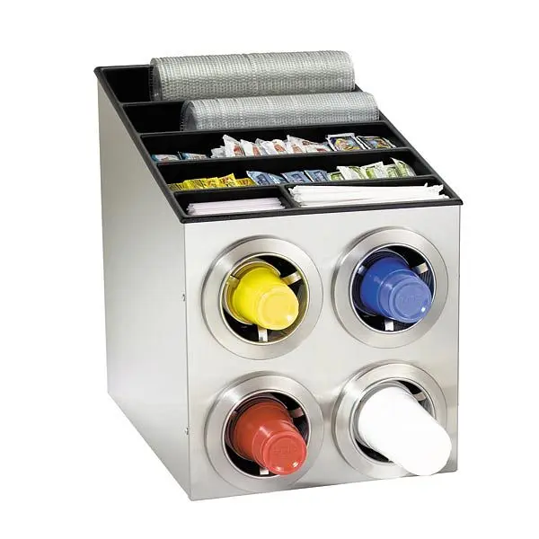 Dispense Rite Countertop Cup Dispensing Cabinet (4) ADJ-2F and built- lid and straw preparer - Stainless Steel, CTC-L-2X2SS