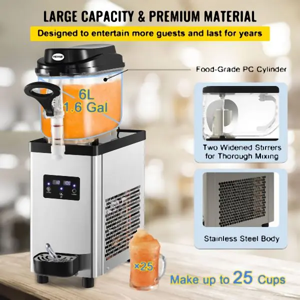 VEVOR UL-Listed Commercial Slush Machine Frozen Drink Slushy Making Machine 6L/1.6 Gals, GSJBXR16L110V8GNXV1