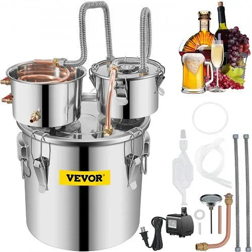 VEVOR Advanced Alcohol Still, Stainless Steel Alcohol Distiller Copper Tube & Build- Thermometer & Water Pump, Dou...
