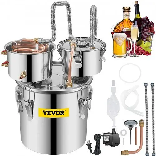 VEVOR Alcohol Still, 3 Gal, Stainless Steel Alcohol Distiller Copper Tube & Build- Thermometer & Water Pump, Doubl...