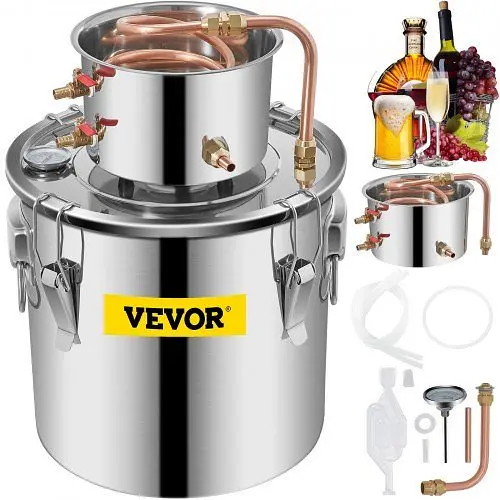VEVOR Micro Alcohol Still 5 Gal 21L Stainless Steel Water Alcohol Distiller Copper Tube Home Brewing Kit Build- Thermomete...