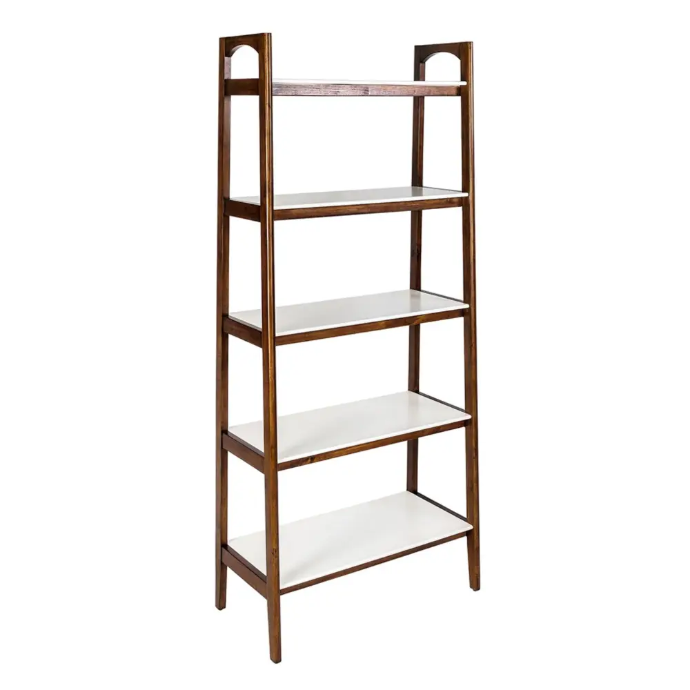 Ergonomic Mid - Century Design 5 Shelf Bookcase - Off Chalk / Pecan