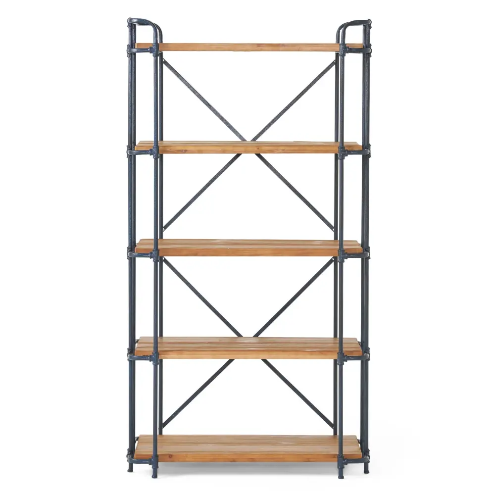 Yorktown - Industrial 5 Shelf Bookcase Metal Pipework And Solid Fir - Real
