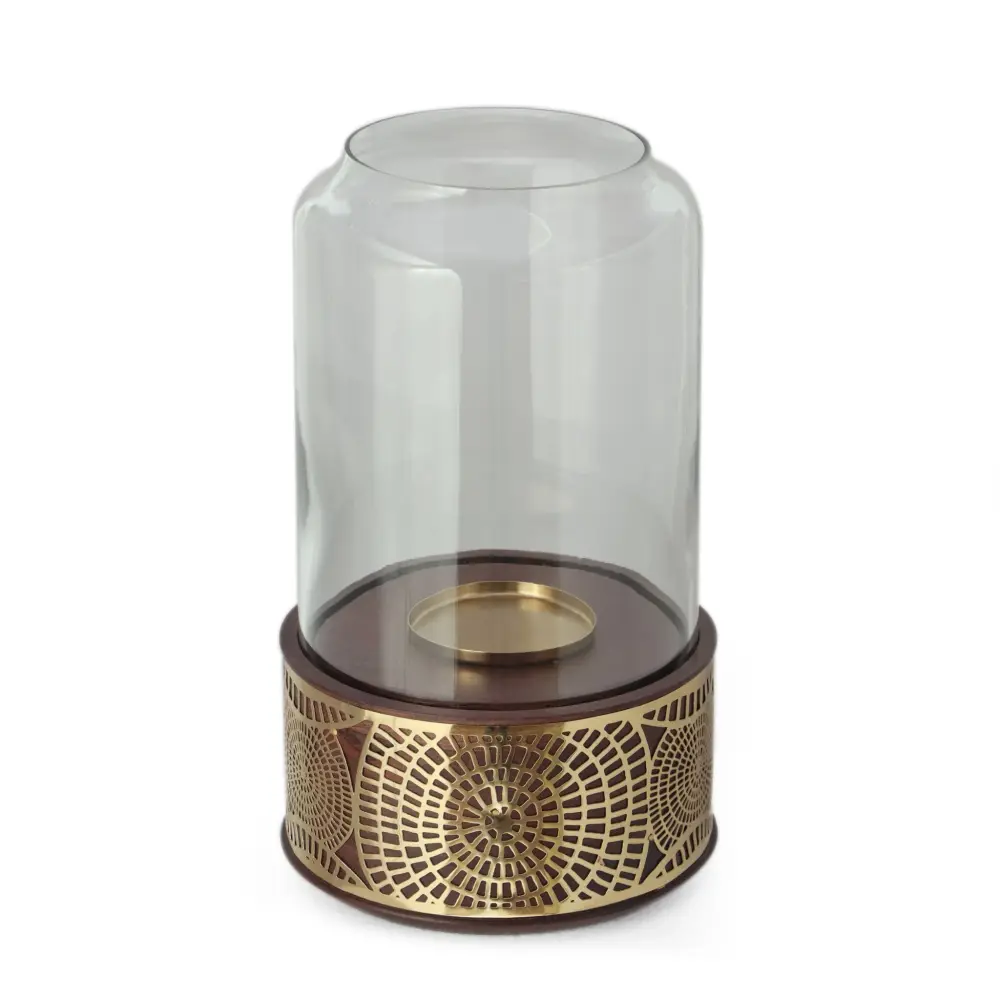 Boho Skillfully made Mango Wood Hurricane Candle Holder Tempered Glass And Metal Accents - Brown