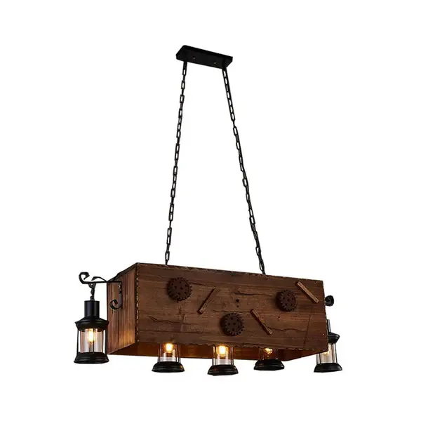 Rectangle Kitchen Chandelier Light Wood and Metal 5 Lights Retro Style Taupe Hanging Fixture Lantern Shade
