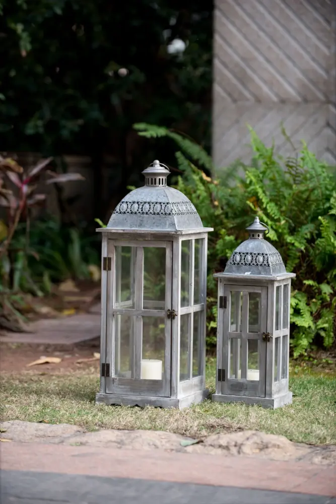 Timber Candle Lantern Decorative, Hurricane Lantern Holder Decor Indoor Outdoor, Home Garden Wedding - Gray