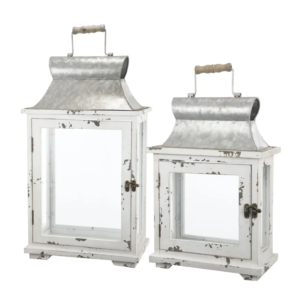 Timber Candle Lantern Decorative, Hurricane Lantern Holder Decor Indoor Outdoor, Home Garden Wedding - White