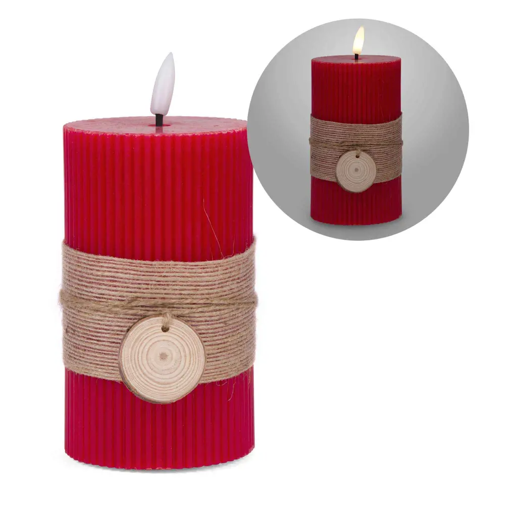 Red LED Candle Jute Ribbon and Hardwood Log, 5"