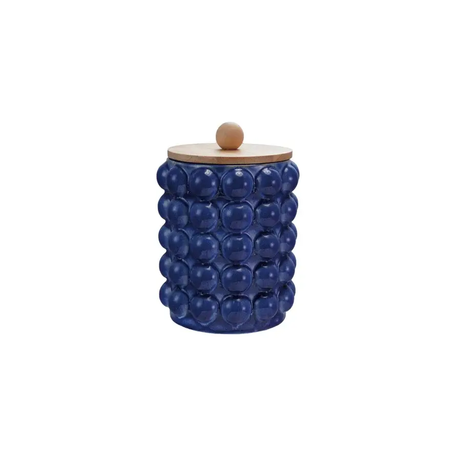 Stoneware Canister Raised Dots & Wood Lid