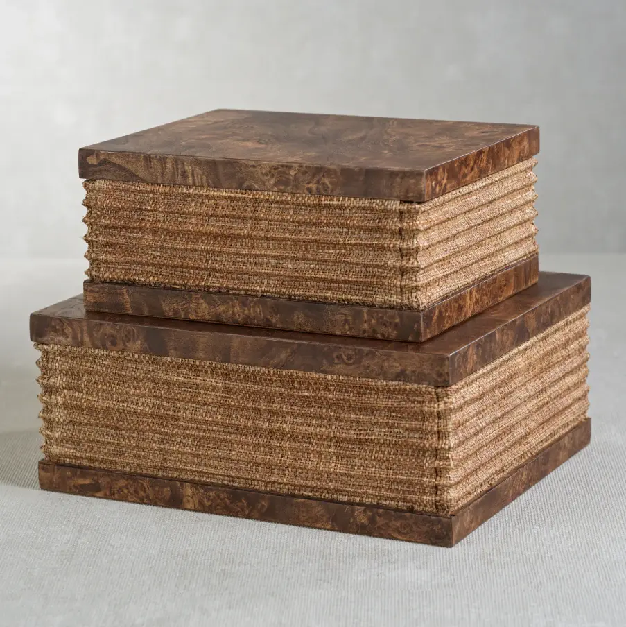 Table Centerpiece Rosso Burlwood & Raffia Box