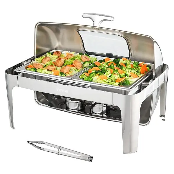 VEVOR No-Tool Rectangle Reel Top Chafing Dish 9Qt Pan Visual Glass Lid Fuel Holder, ZFXKCLJT19QT2B78CV0