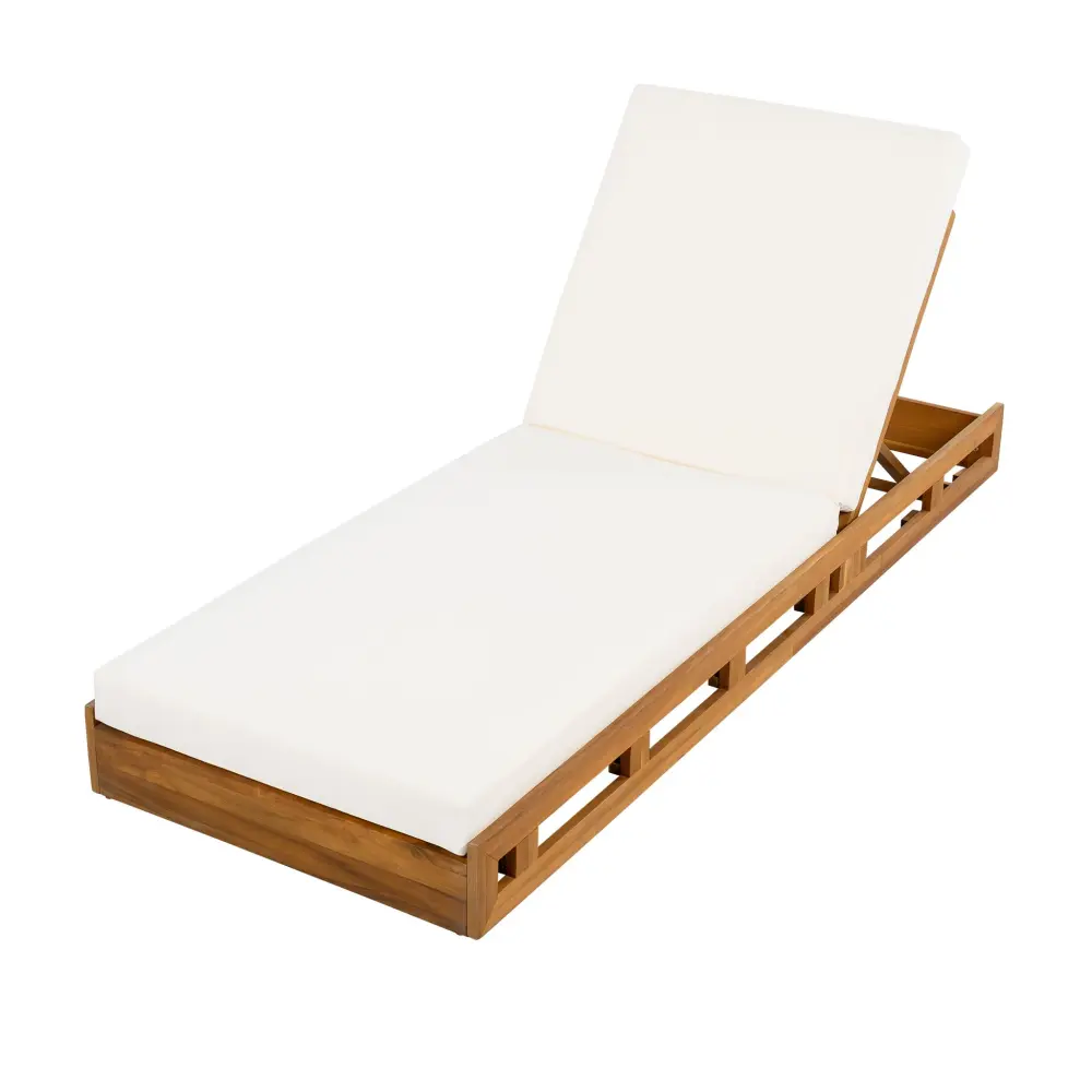 Premium Acacia Wood Lounge Chaise Set Water Resistant Cushions, Adjustable Recline - Cream / Teakwood