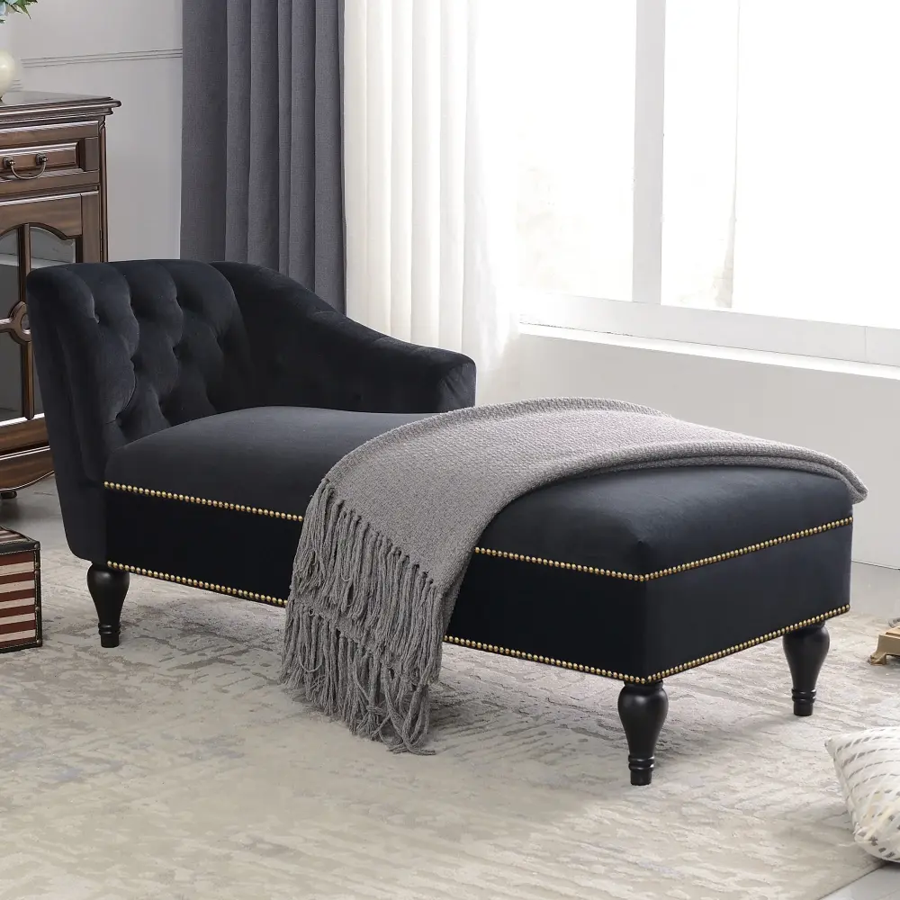 Velvet Chaise Lounge, Button Tufted Right Arm Facing Lounge Chair Nailhead Trim Living Room - Black