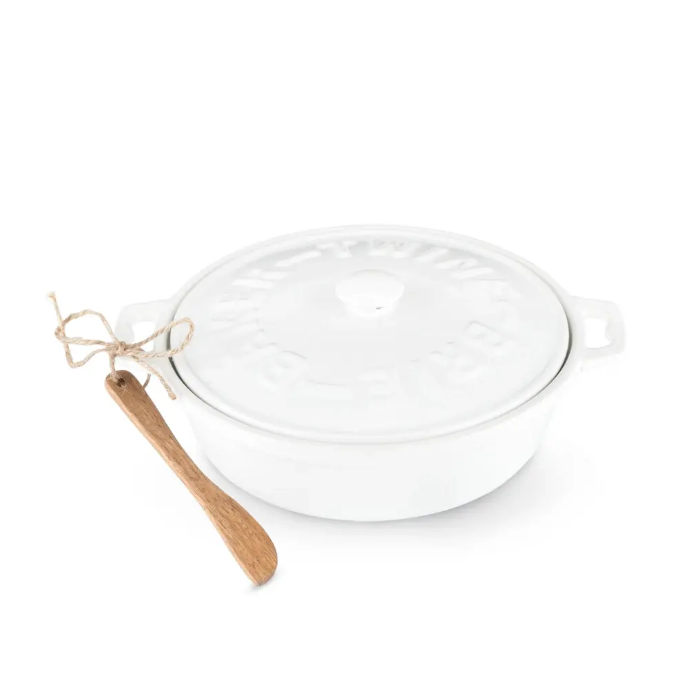White Ceramic Brie Baker and Lid Acacia Spreader