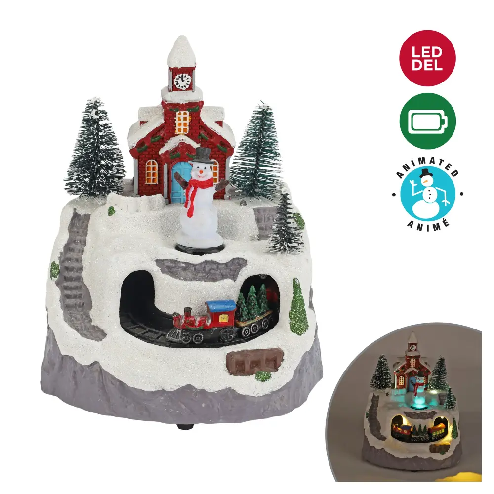 Animated Resin LED Portable Christmas Scene Church and Train Mountain, 6'' x 5'' x 7''