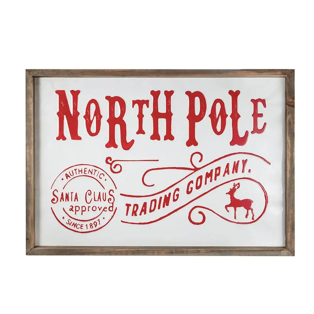 Iron / Wood North Pole Trading Company Wall Sign, Christmas Holiday Table Wall Decor - Chalk / Red