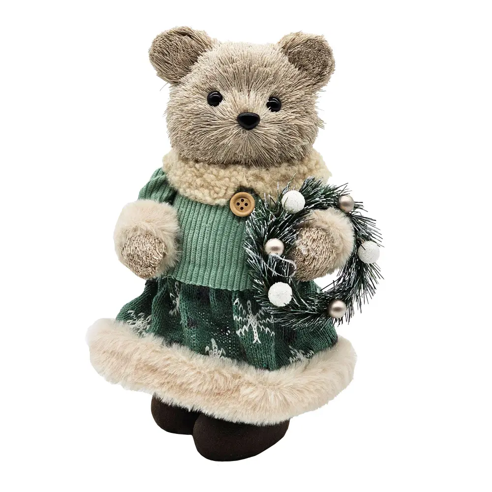 Real Straw Fiber Christmas Bear Figurine, 10'' (Girl)