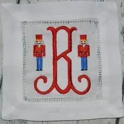 EMBROIDERED CHRISTMAS COCKTAIL NAPKINS TOULOUSE FONT INITIAL NUTCRACKERS