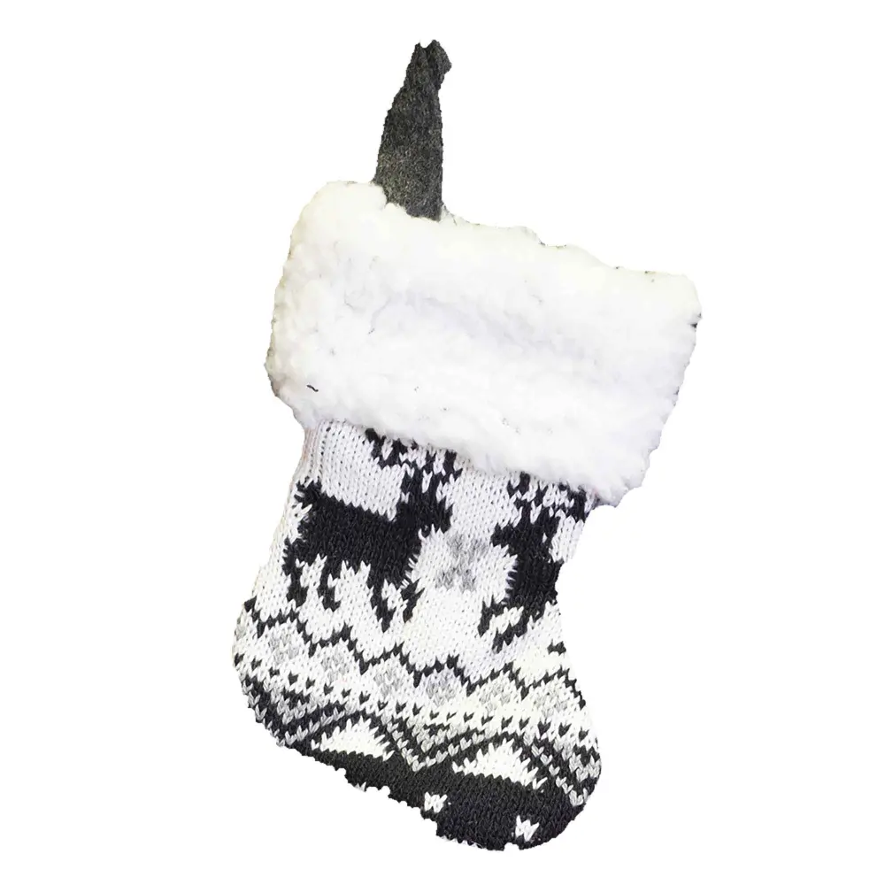 Compact Christmas Stocking Knitted Reindeer Pattern and Fur Cuff, 6"