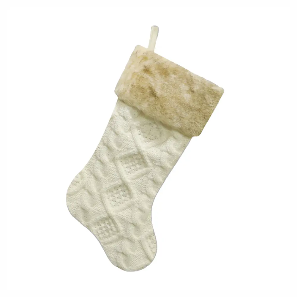 Knitted Christmas Stocking Faux Fur Cuff, 20.5" (Ivory)