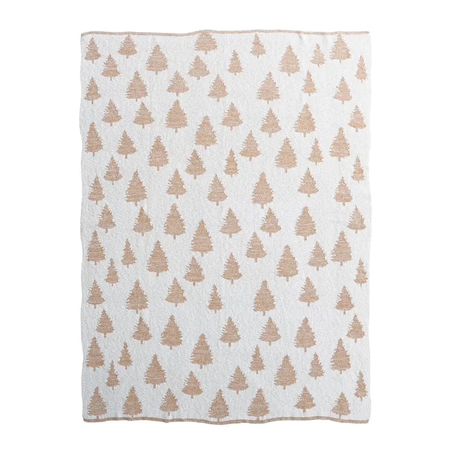 Cotton Knit Throw Trees & Metallic Aurum Thread, Cream