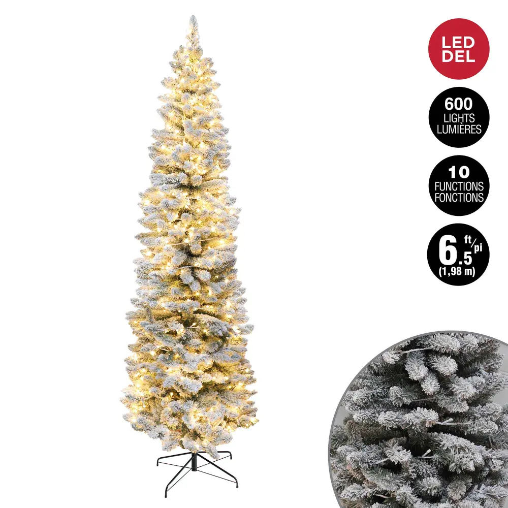 Narrow and Flocked Christmas Tree 600 Heated White F5 LED Lights and 600 Tips, 6-1/2' (1.98 m)