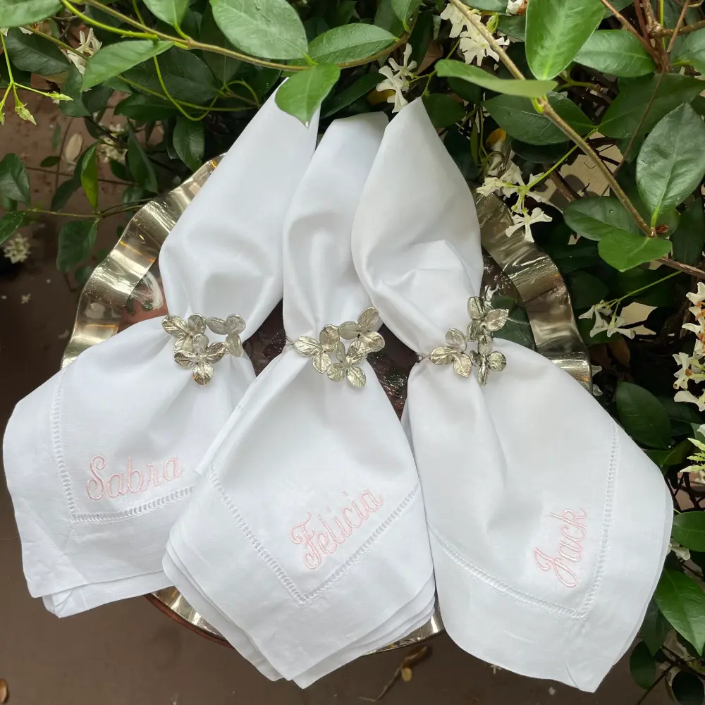 EMBROIDERED IINDIVIDUAL NAME FLAX HEMSTITCH WHITE DINNER NAPKIN 22" X 22"