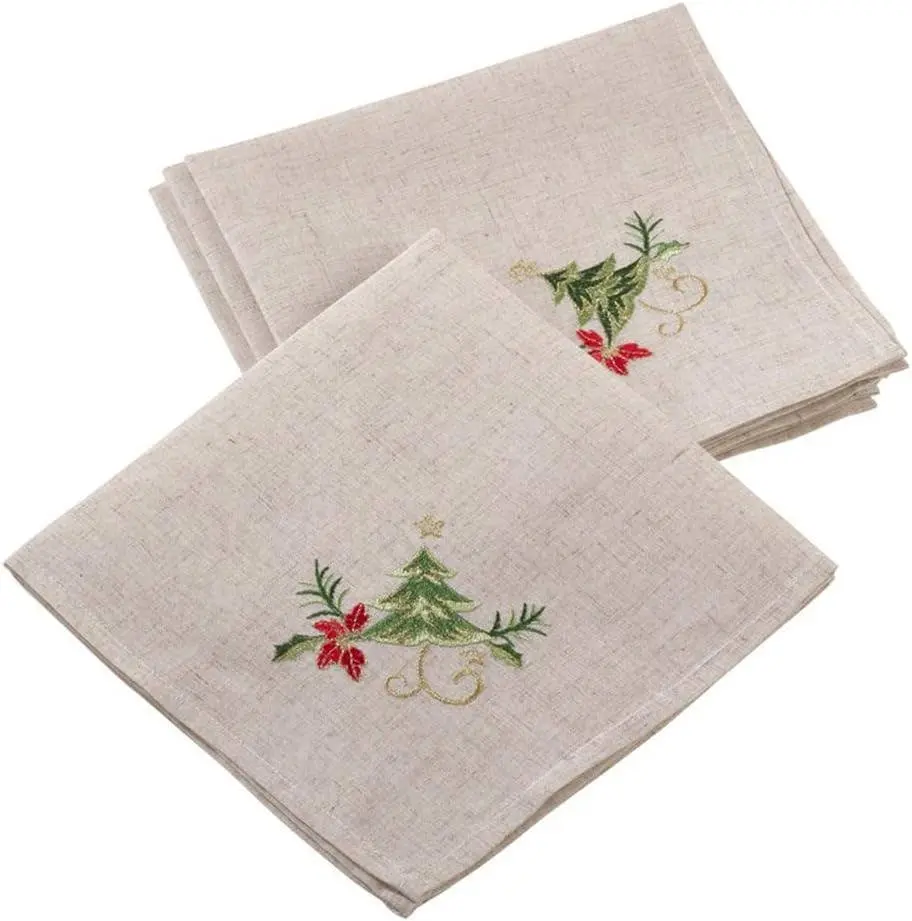 Quick-Dry Towel Embroidered Holiday Design Flax Blend 20" Dinner Napkin - Set 4
