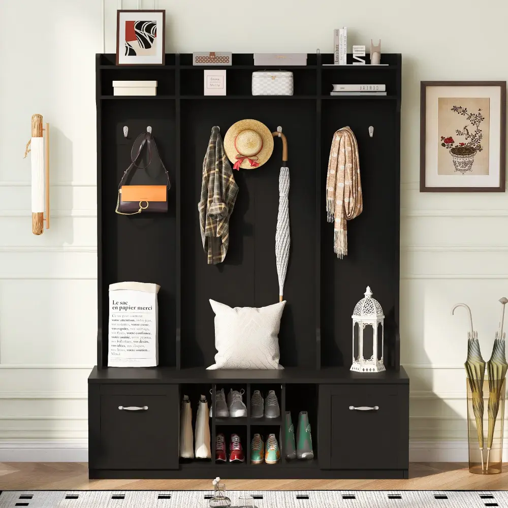5 1 Entryway Bench Coat Rack, 7 Sturdy Hooks, 2 Spacious Drawers And Tunable Shelves