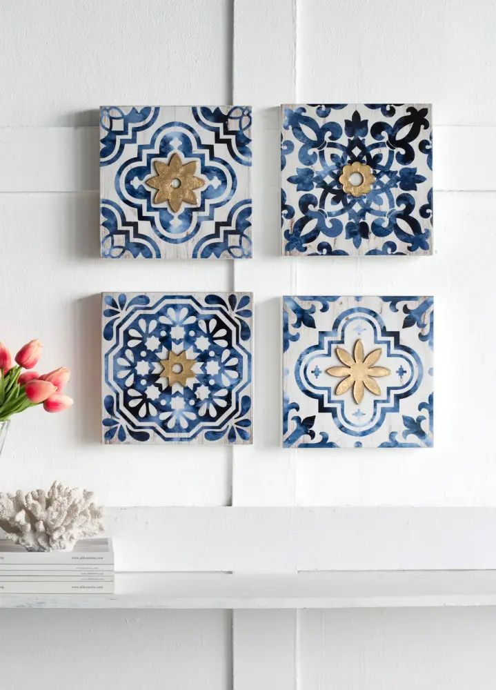 Abstract, And Wall Decor Accents (Set 4) - White / Sapphire