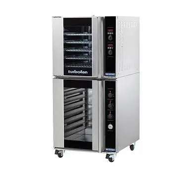 Moffat Rugged Turbofan E32D5/P8M - Full Size Sheet Pan Digital Electric Convection Oven Double Stacked on Manual Electric ...