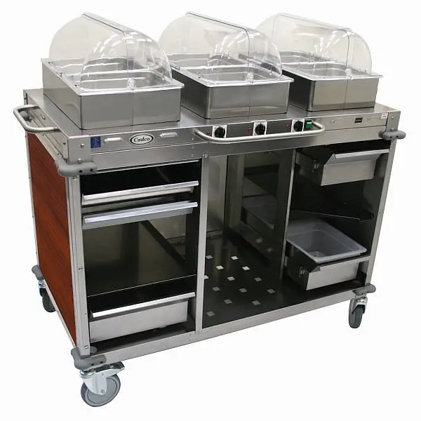 Cadco Durable MobileServ 3 Bay Cart, includes 4" High Half Size Stainles Steel Sgroup Pans, Stainless / Cherry Lamina...