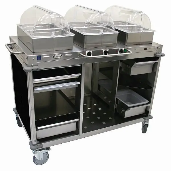 Cadco Durable MobileServ 3 Bay Cart, includes 4" High Half Size Stainles Alloy Steel Sgroup Pans, Stainless / Black L...
