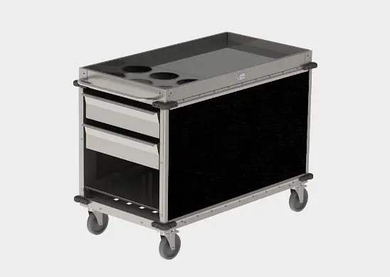 Cadco Easy-Install MobileServ Beverage Cart, 6 Air Pot Wells, Black Laminate Panels, BC-3-L6